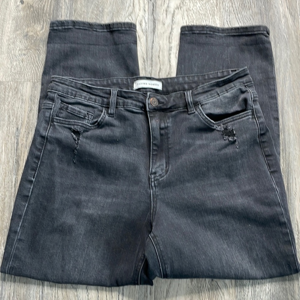 Flying Monkey Black/Grey Distressed High Rise Cropped Straight Leg Jeans size 31